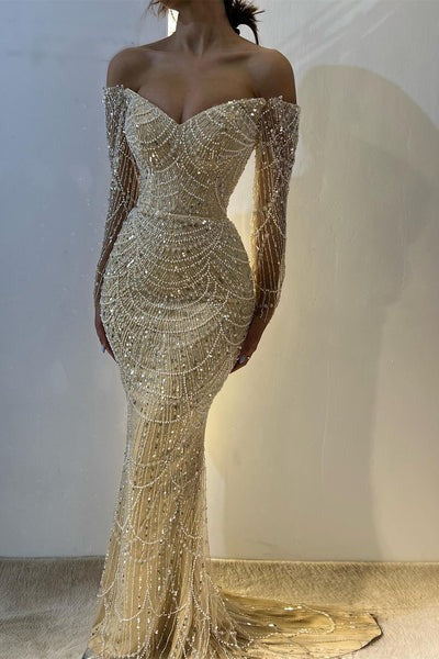 Beautiful Long Sleeves Off-the-Shoulder Prom Dress Mermaid Pearls With Beads-BallBride
