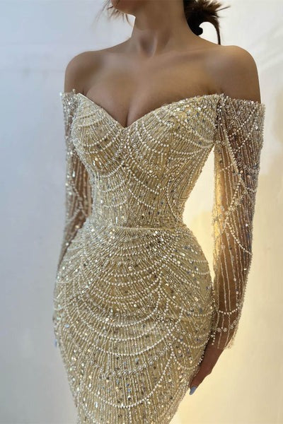 Beautiful Long Sleeves Off-the-Shoulder Prom Dress Mermaid Pearls With Beads-BallBride