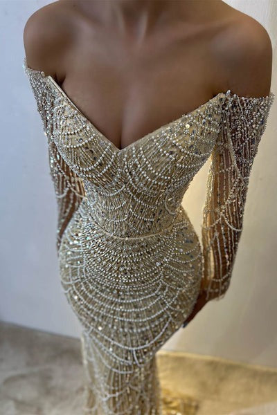 Beautiful Long Sleeves Off-the-Shoulder Prom Dress Mermaid Pearls With Beads-BallBride
