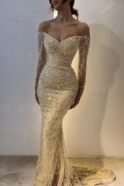 Beautiful Long Sleeves Off-the-Shoulder Prom Dress Mermaid Pearls With Beads-BallBride