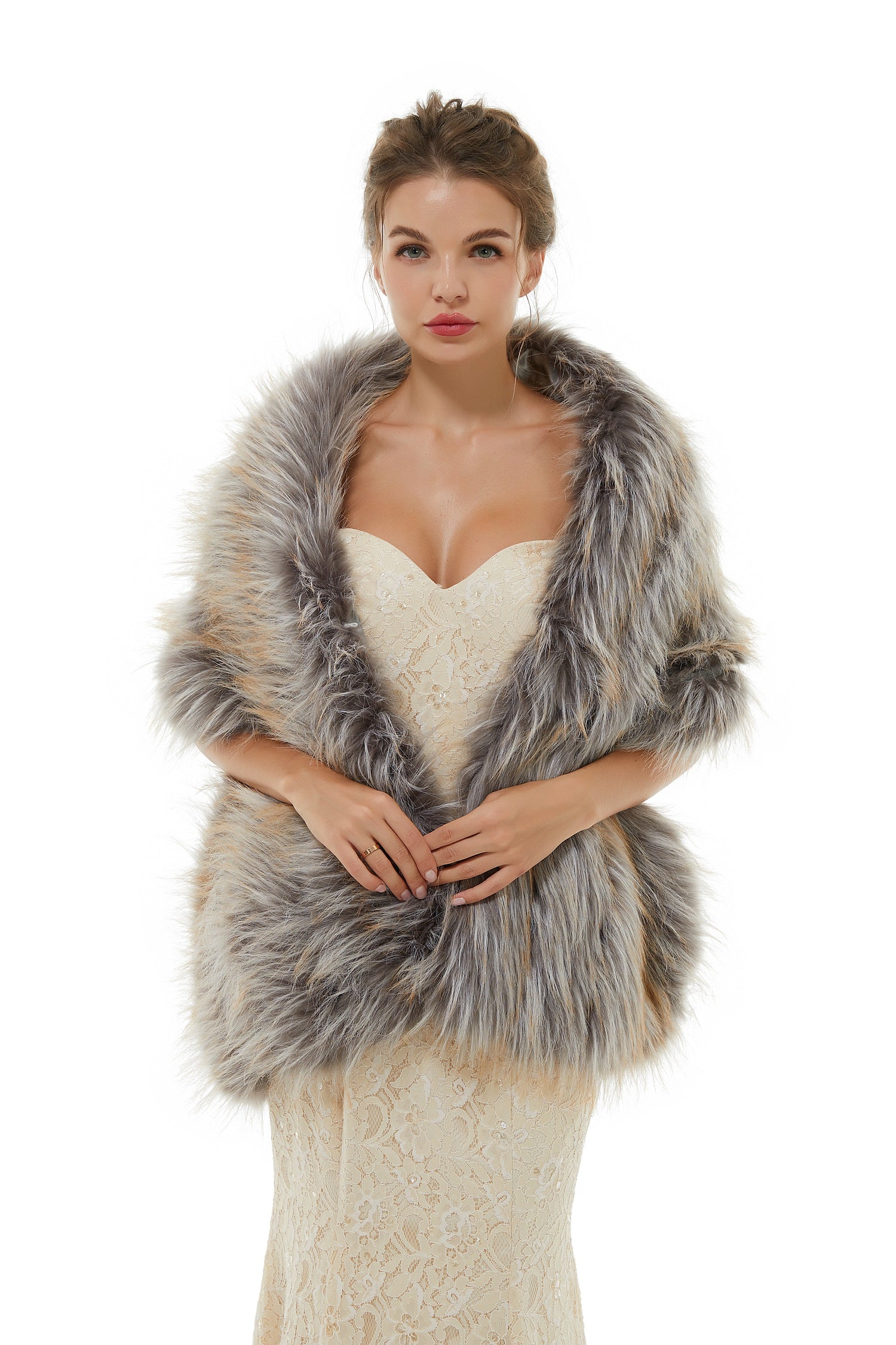 Beautiful Mix Colored Winter Faux Fur Wedding Wrap-BallBride