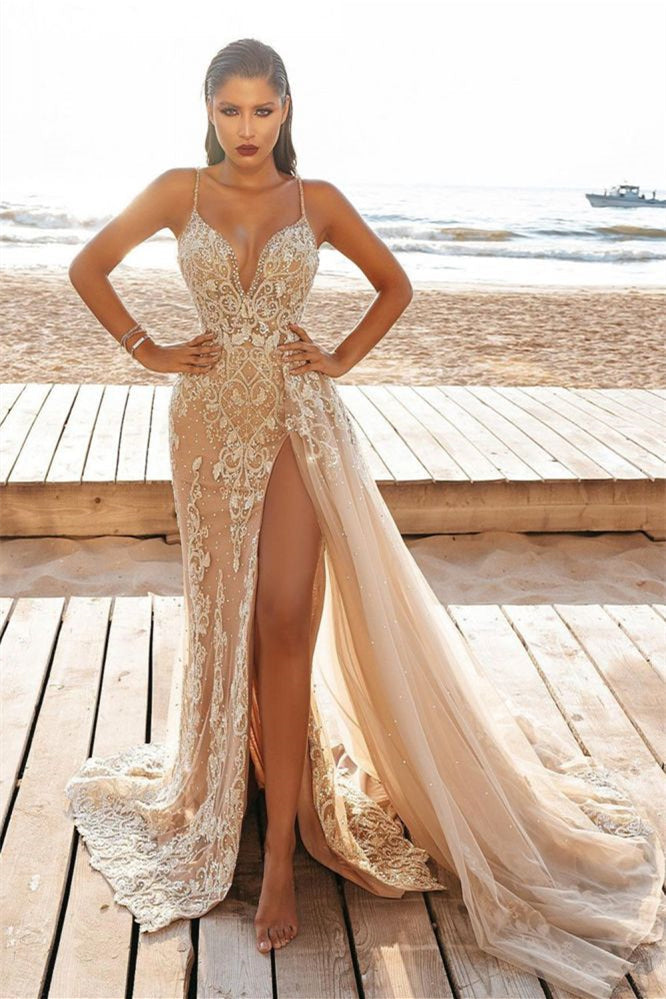 Beautiful Nude Spaghetti-Strap Beadings Wedding Dress Mermaid With Split-BallBride