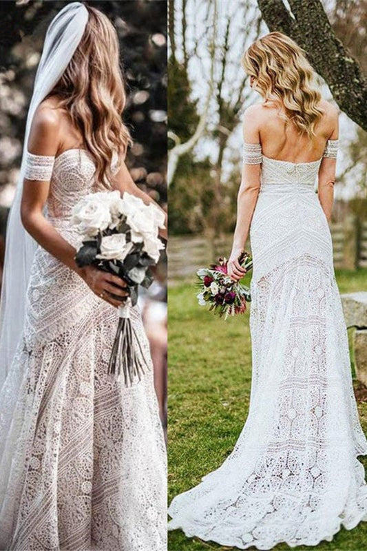 Beautiful Off-the-Shoulder Boho Lace Mermaid Wedding Dress-BallBride