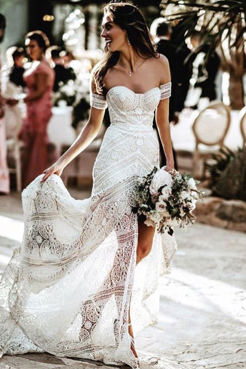 Beautiful Off-the-Shoulder Boho Lace Mermaid Wedding Dress-BallBride