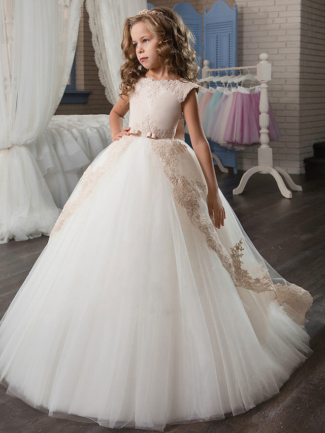 Beautiful Princess Lace Cap Sleeves Flower Girls Dresses-BallBride
