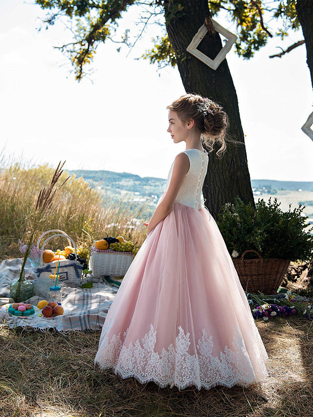Beautiful Princess Sleeveless Jewel Neck Flower Girl Dress with Tulle Cotton and Lace Belt Appliques-BallBride