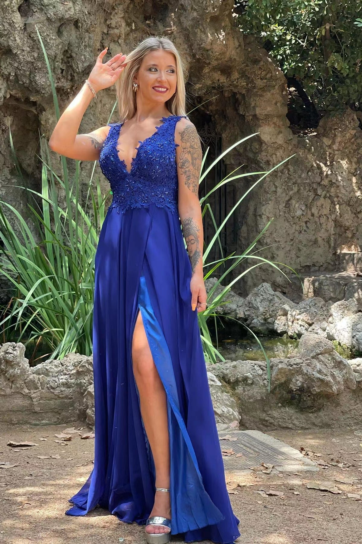 Beautiful Red V Neck Long Prom Dress with Applique and Slit-BallBride