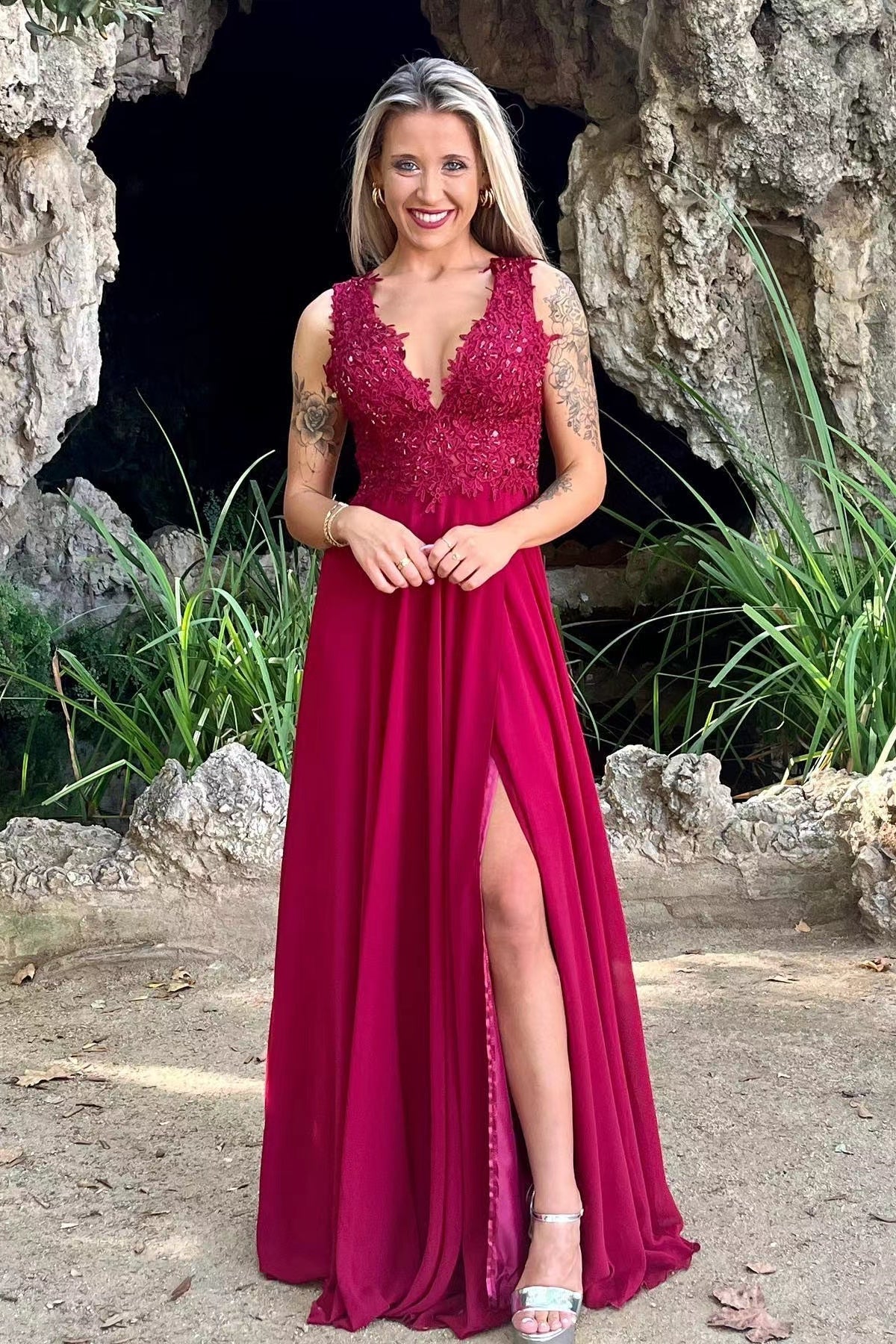 Beautiful Red V Neck Long Prom Dress with Applique and Slit-BallBride