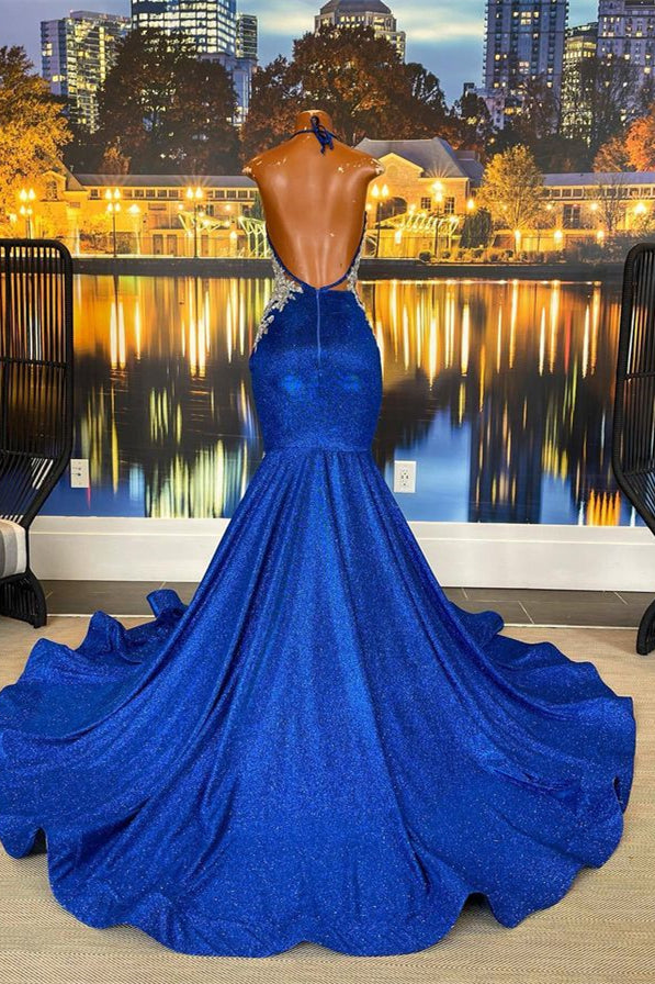Beautiful Royal Blue Mermaid Prom Dress With Appliques by Halter-BallBride