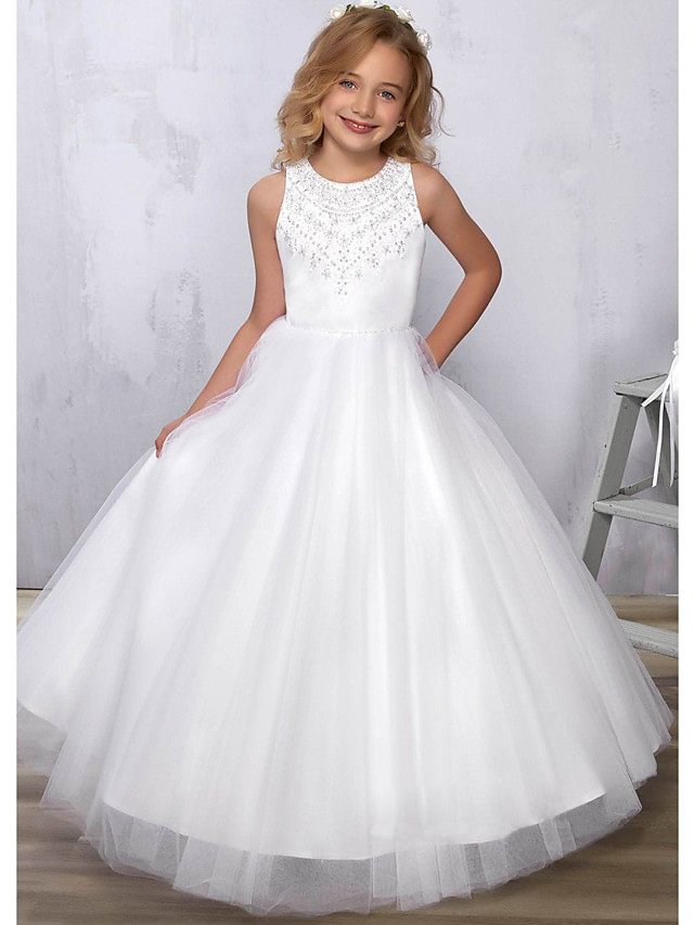 Beautiful Satin Tulle A-Line Flower Girl Dress with Beadings and Sleeveless Jewel-BallBride