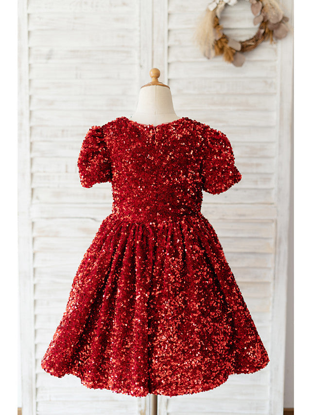 Beautiful Short Sleeve Jewel Neck Ball Gown Knee Length Flower Girl Dress With Sequined-BallBride