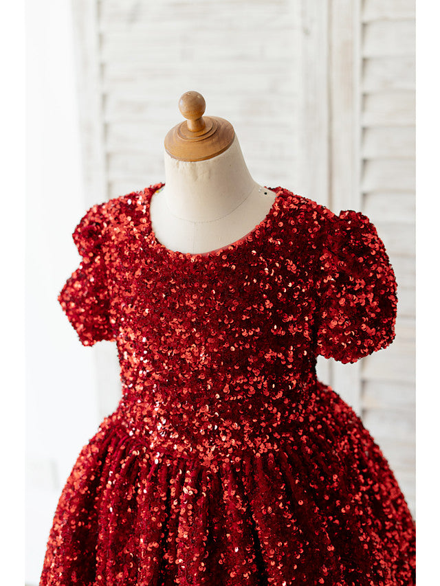 Beautiful Short Sleeve Jewel Neck Ball Gown Knee Length Flower Girl Dress With Sequined-BallBride