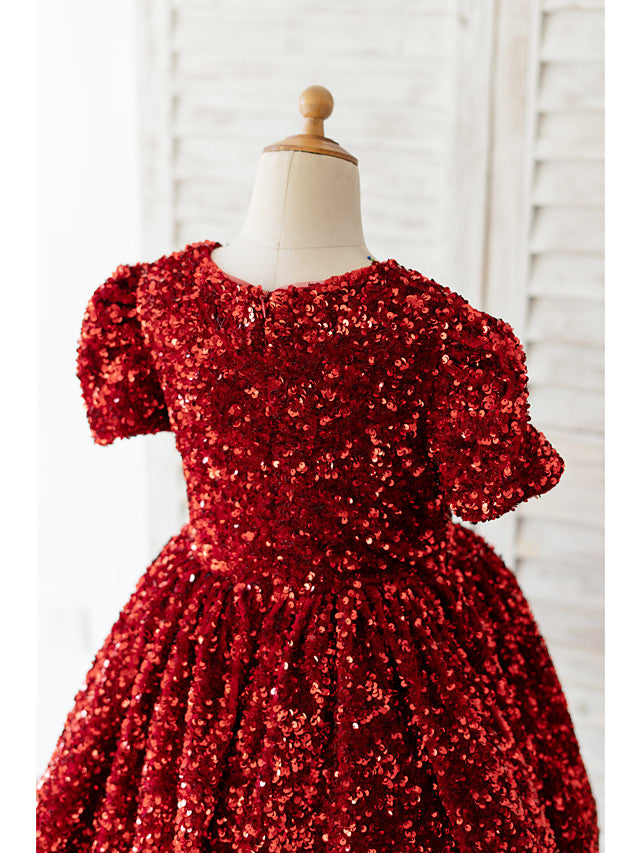 Beautiful Short Sleeve Jewel Neck Ball Gown Knee Length Flower Girl Dress With Sequined-BallBride