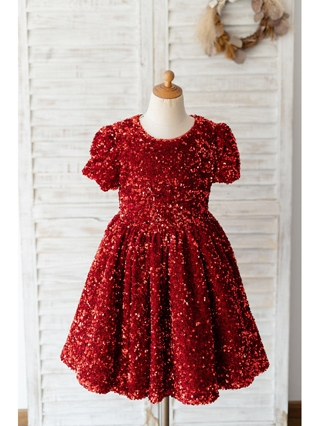 Beautiful Short Sleeve Jewel Neck Ball Gown Knee Length Flower Girl Dress With Sequined-BallBride
