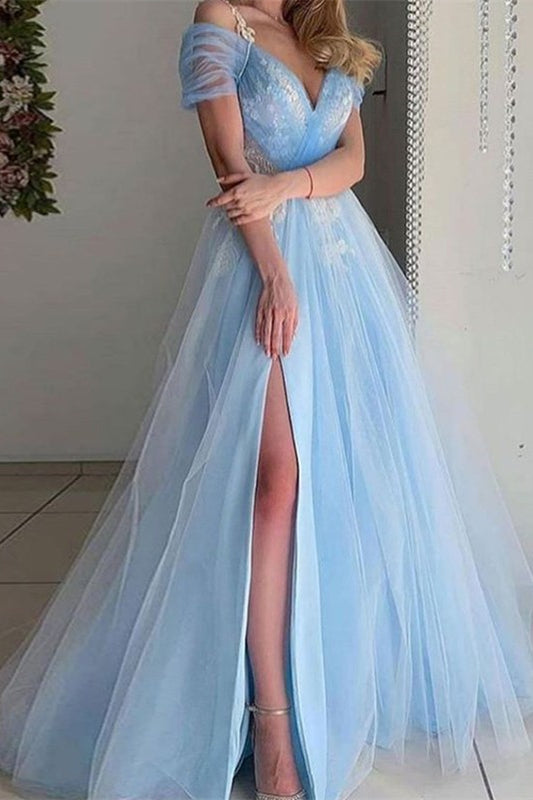 Beautiful Sky Blue Short Sleeves Prom Dress with Long Tulle and Split-BallBride