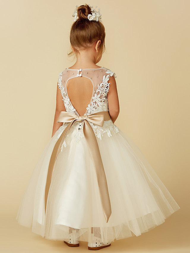 Beautiful Sleeveless Jewel Neck Ball Gown with Lace Tulle, Belt, Buttons & Beading for Flower Girls-BallBride