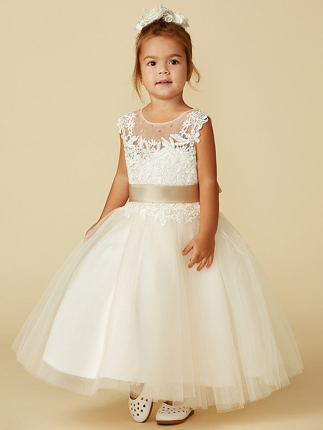 Beautiful Sleeveless Jewel Neck Ball Gown with Lace Tulle, Belt, Buttons & Beading for Flower Girls-BallBride
