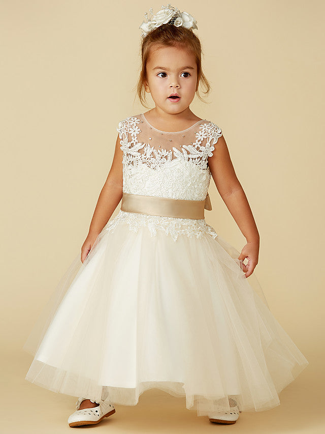 Beautiful Sleeveless Jewel Neck Ball Gown with Lace Tulle, Belt, Buttons & Beading for Flower Girls-BallBride