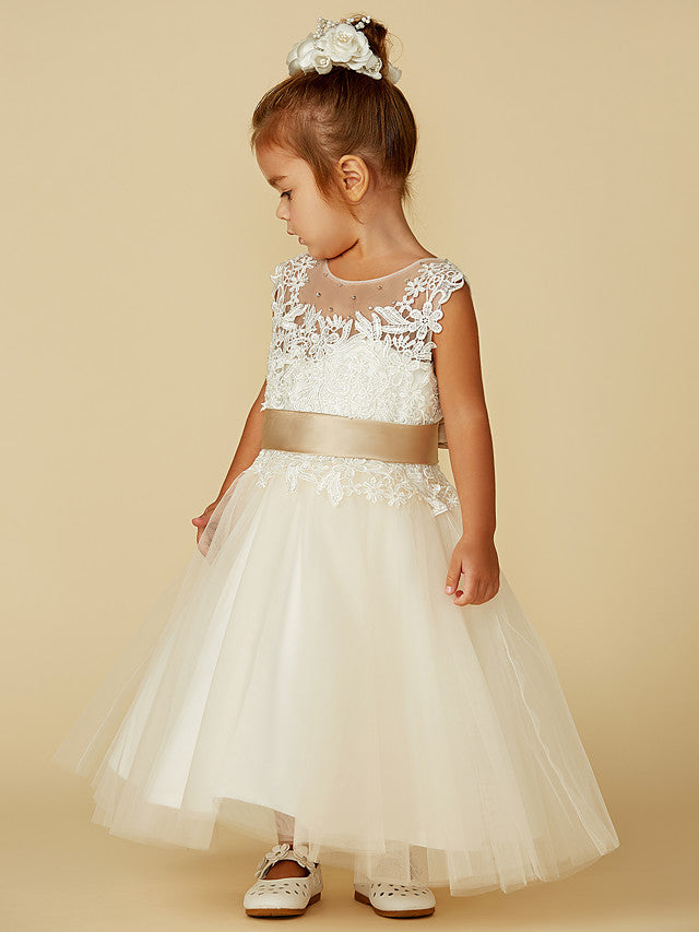 Beautiful Sleeveless Jewel Neck Ball Gown with Lace Tulle, Belt, Buttons & Beading for Flower Girls-BallBride
