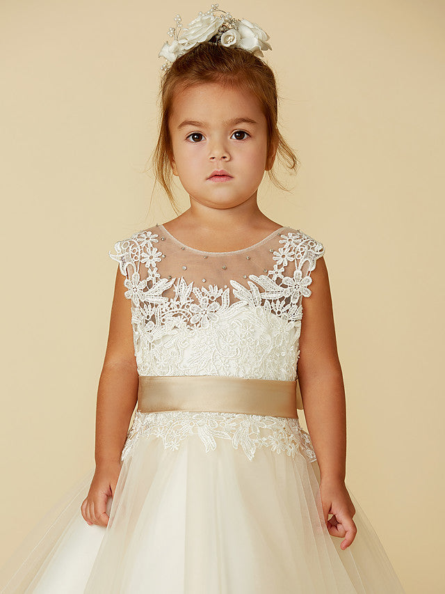 Beautiful Sleeveless Jewel Neck Ball Gown with Lace Tulle, Belt, Buttons & Beading for Flower Girls-BallBride