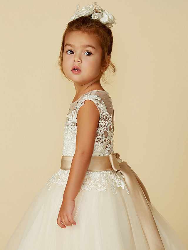 Beautiful Sleeveless Jewel Neck Ball Gown with Lace Tulle, Belt, Buttons & Beading for Flower Girls-BallBride