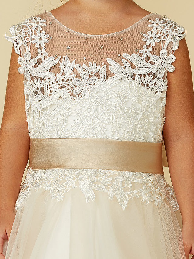 Beautiful Sleeveless Jewel Neck Ball Gown with Lace Tulle, Belt, Buttons & Beading for Flower Girls-BallBride