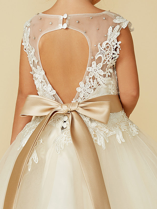 Beautiful Sleeveless Jewel Neck Ball Gown with Lace Tulle, Belt, Buttons & Beading for Flower Girls-BallBride