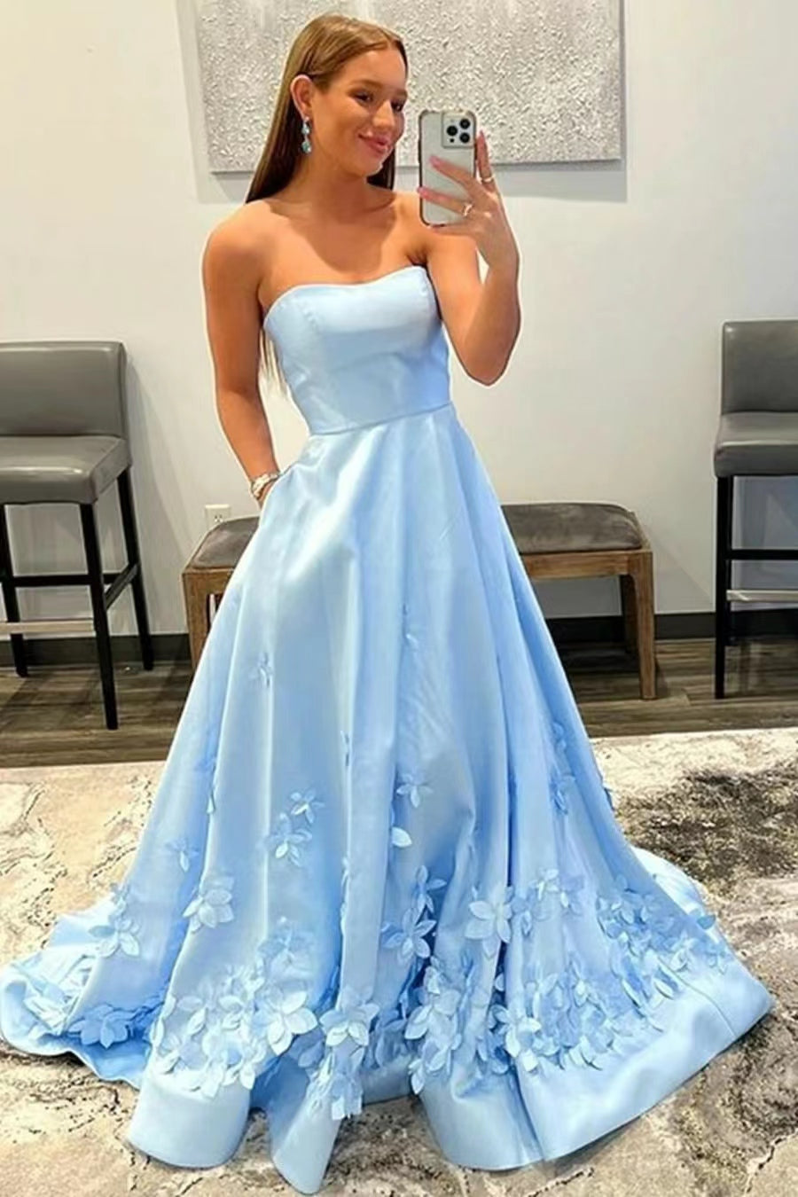 Beautiful Strapless Evening Dress with Appliques - Baby Blue-BallBride