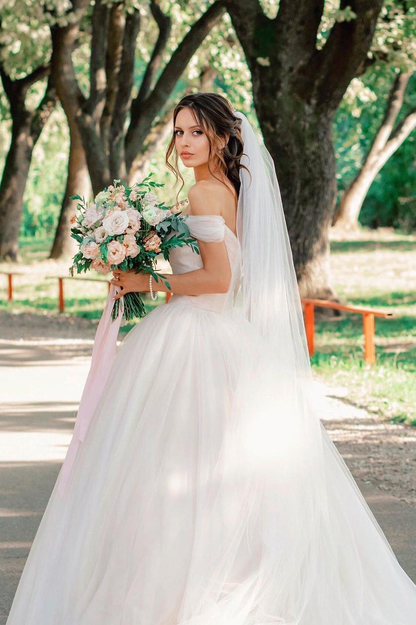 Beautiful Tulle A-line Long Wedding Dress with Off-the-shoulder and Chapel Train-BallBride