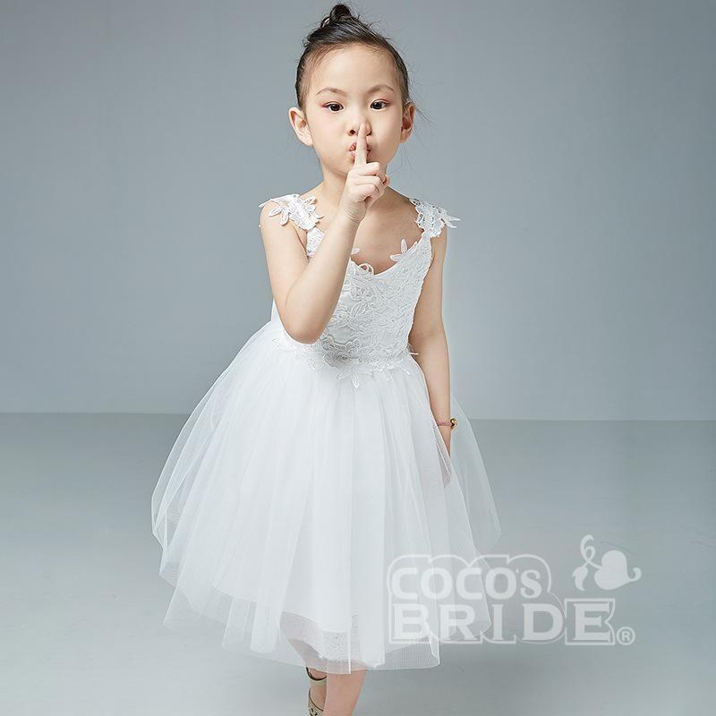 Beige V-Neck Sleeveless Ball Gown Flower Girls Dress-BallBride