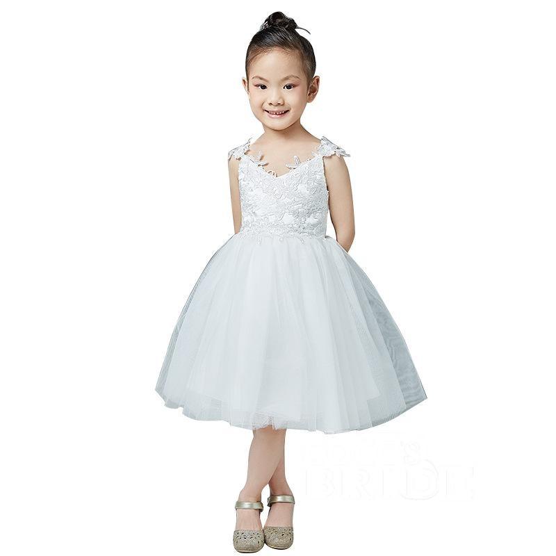 Beige V-Neck Sleeveless Ball Gown Flower Girls Dress-BallBride