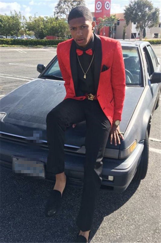 Bespoke Red Prom Suit with Jacquard Shawl for Lapel Party Morning-BallBride