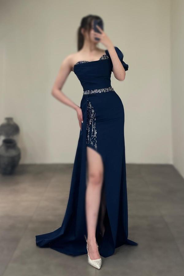 Black Long Mermaid One Shoulder Floor-Length Split Front Satin Prom Dresses-BallBride