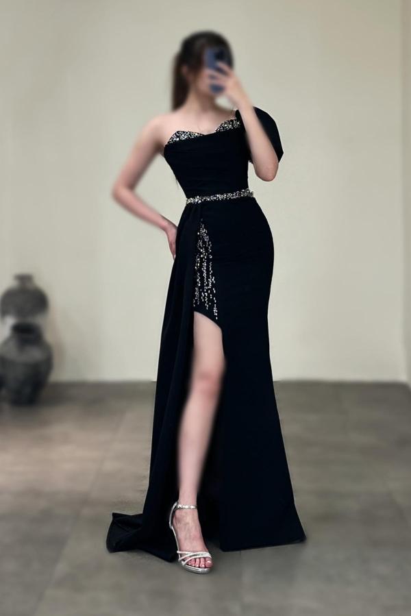 Black Long Mermaid One Shoulder Floor-Length Split Front Satin Prom Dresses-BallBride