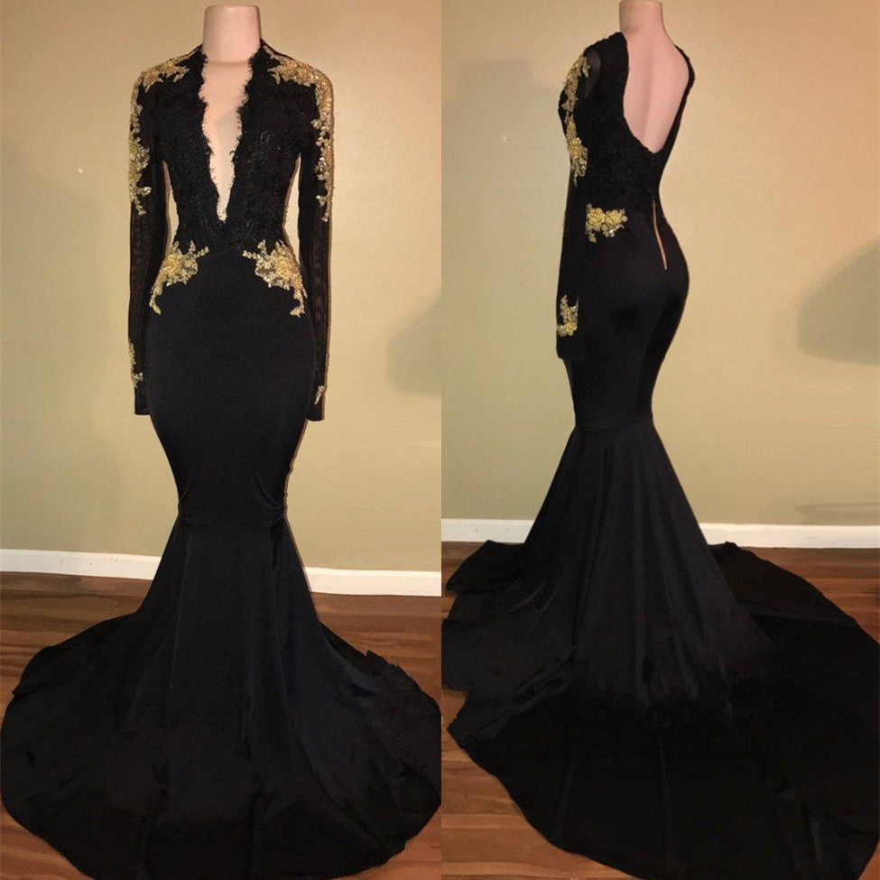 Black Long Sleeves V-Neck Appliques Open Back Elegant Prom Dress-BallBride