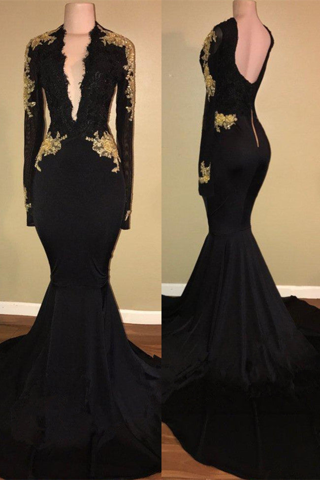 Black Long Sleeves V-Neck Appliques Open Back Elegant Prom Dress-BallBride