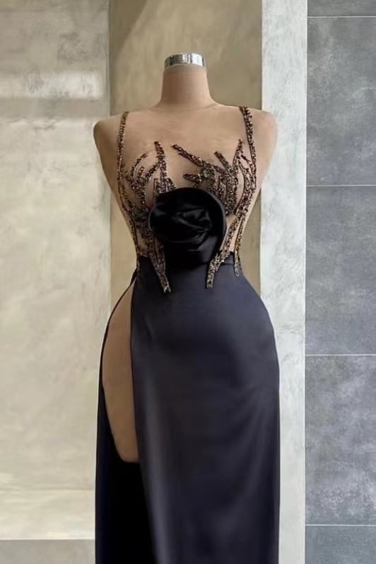 Black Mermaid Evening Dress with Slit & Beadings Sequins Spaghetti-Strap-BallBride