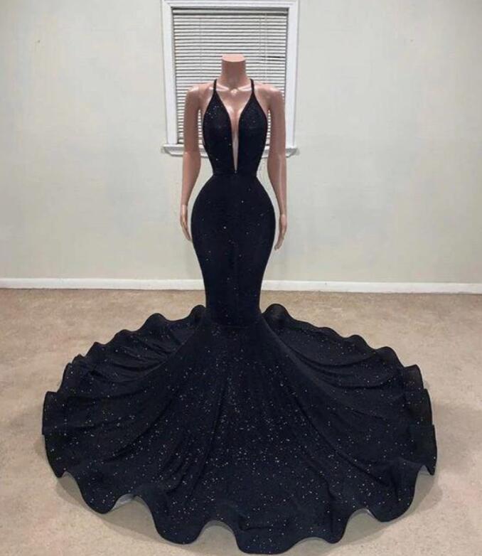 Black Mermaid Halter Prom Dress with Sequins-BallBride