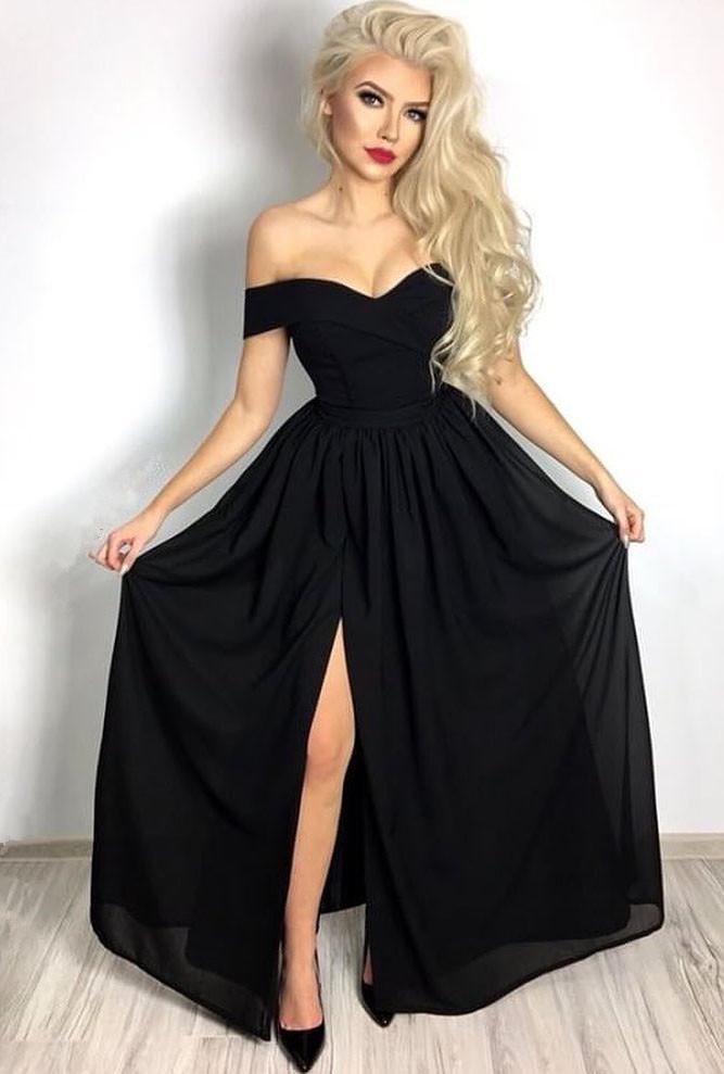 Black Off-the-Shoulder Prom Dress with Long Split for Party Gowns-BallBride