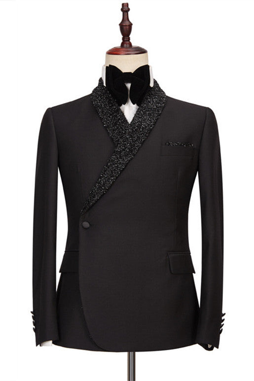 Black One Button Wedding Suits with Sparkly Shawl Lapel - Colby-BallBride