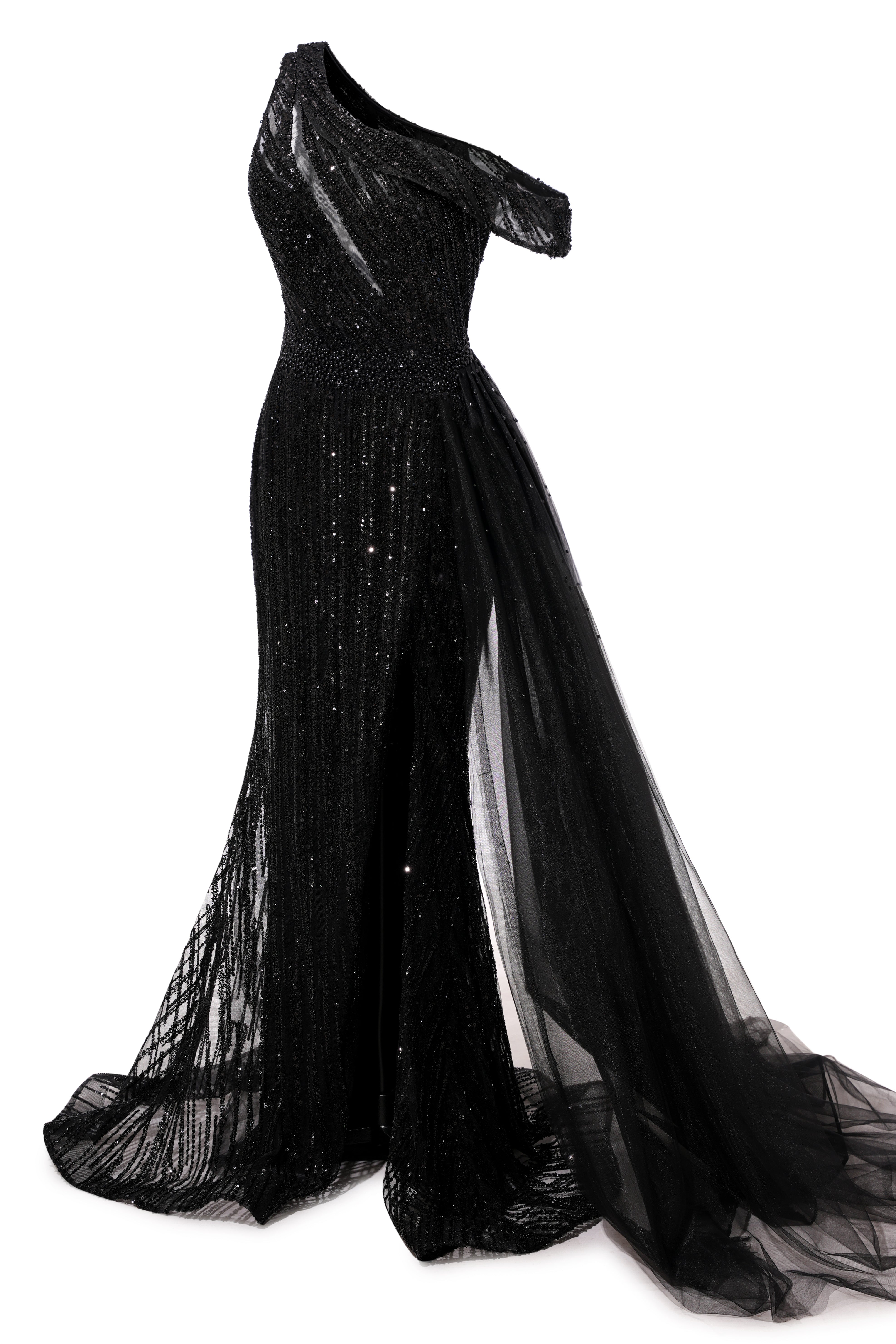 Black Sparkle One shoulder Court Train Evening Dresses-BallBride