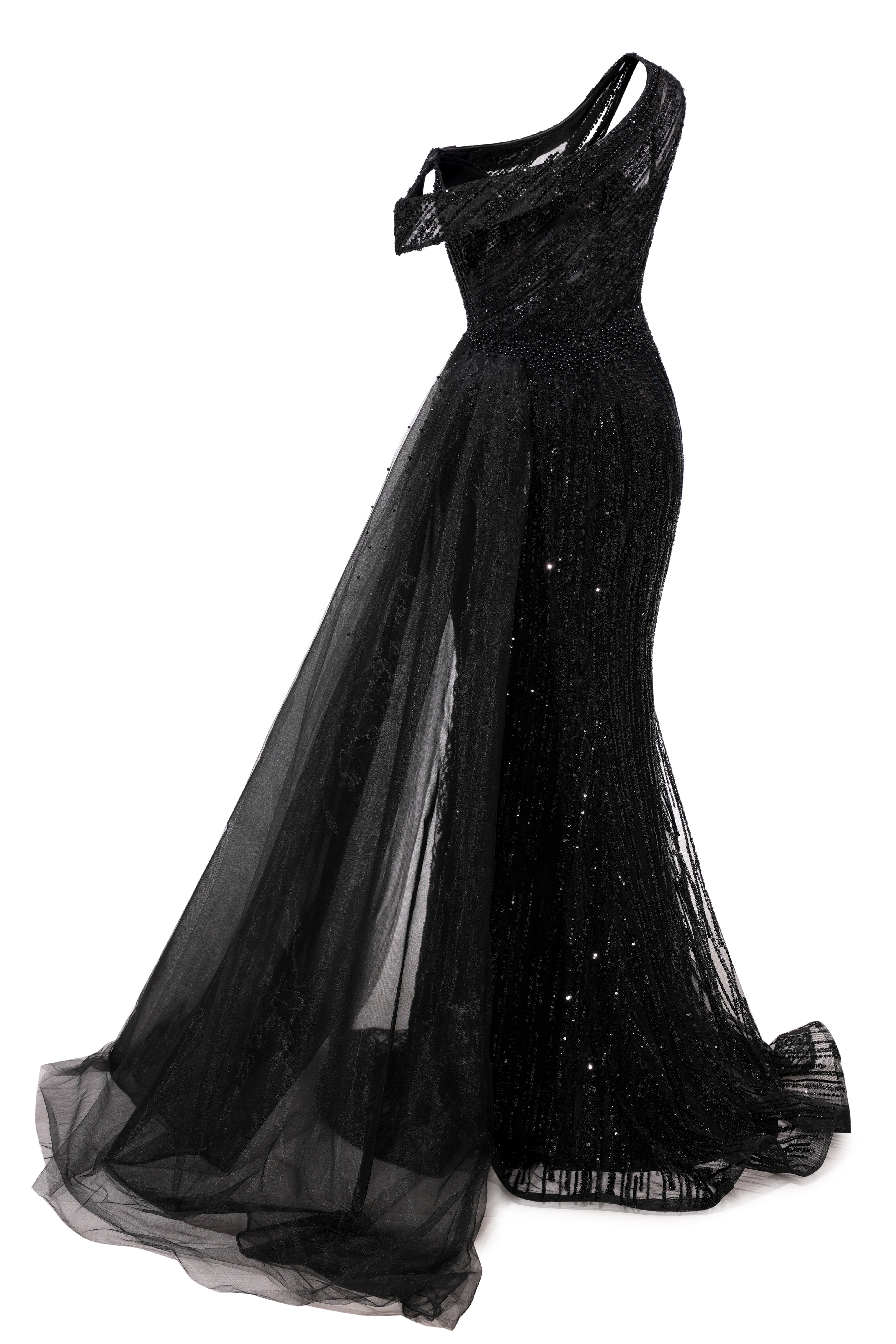 Black Sparkle One shoulder Court Train Evening Dresses-BallBride