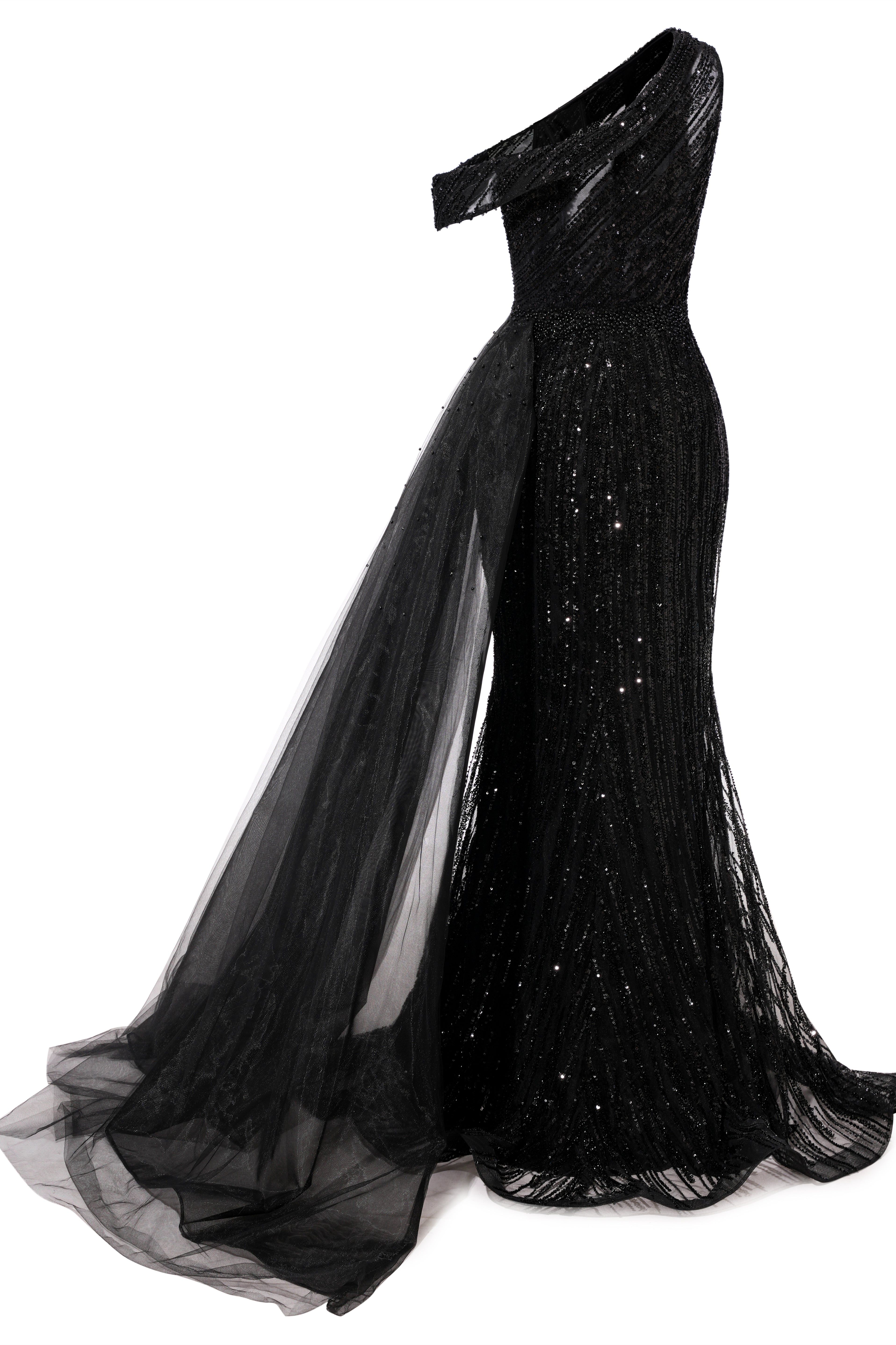 Black Sparkle One shoulder Court Train Evening Dresses-BallBride
