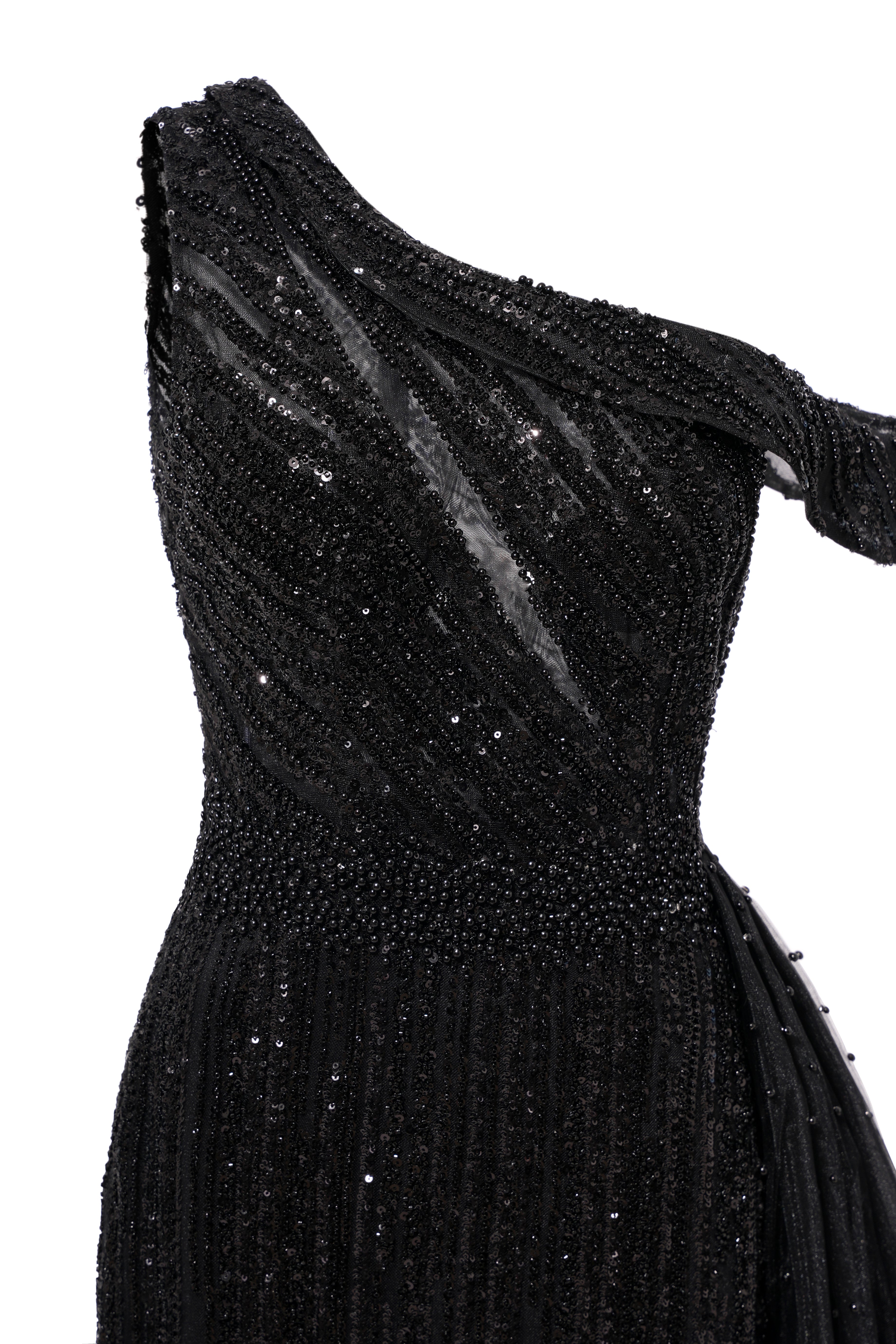 Black Sparkle One shoulder Court Train Evening Dresses-BallBride