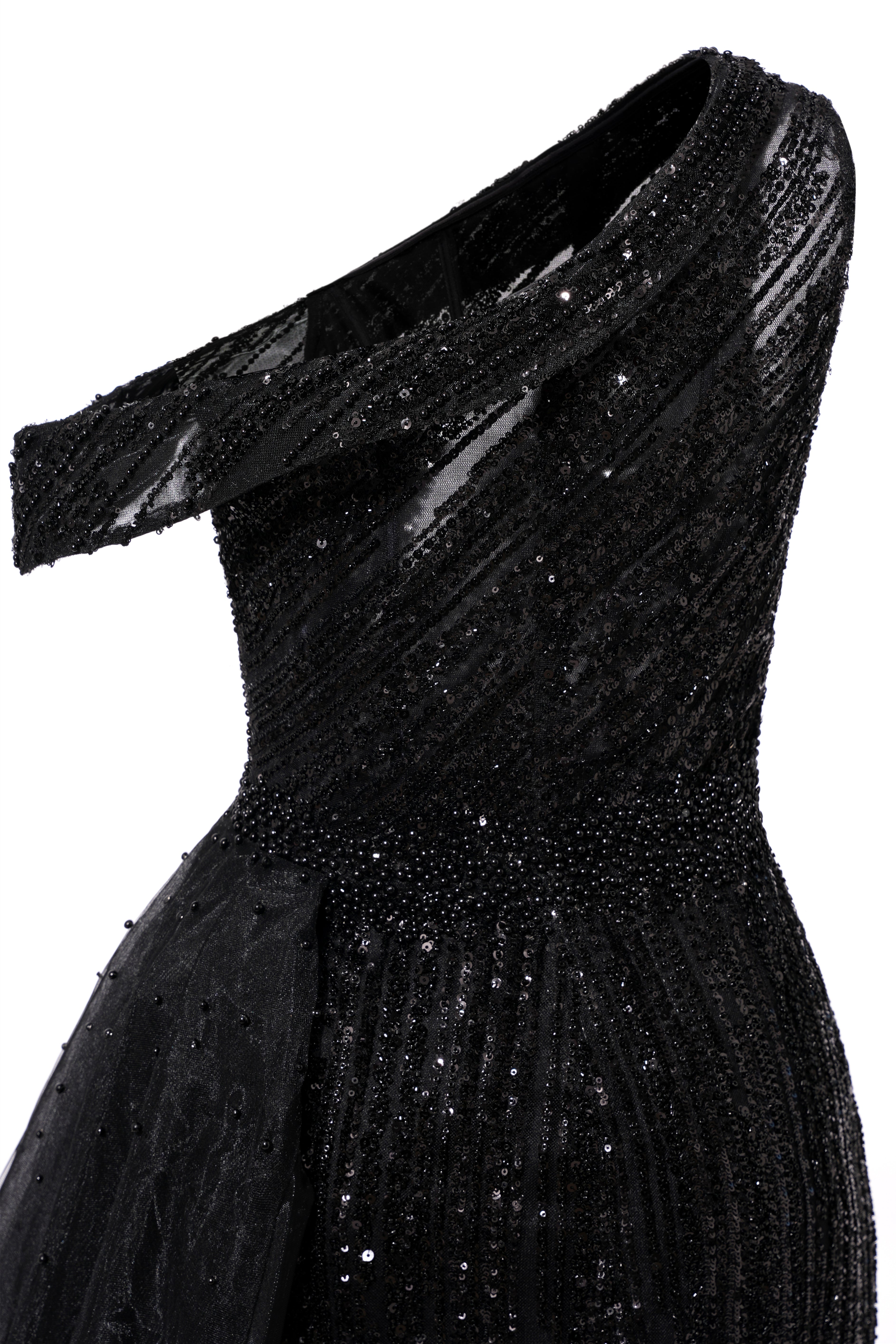 Black Sparkle One shoulder Court Train Evening Dresses-BallBride