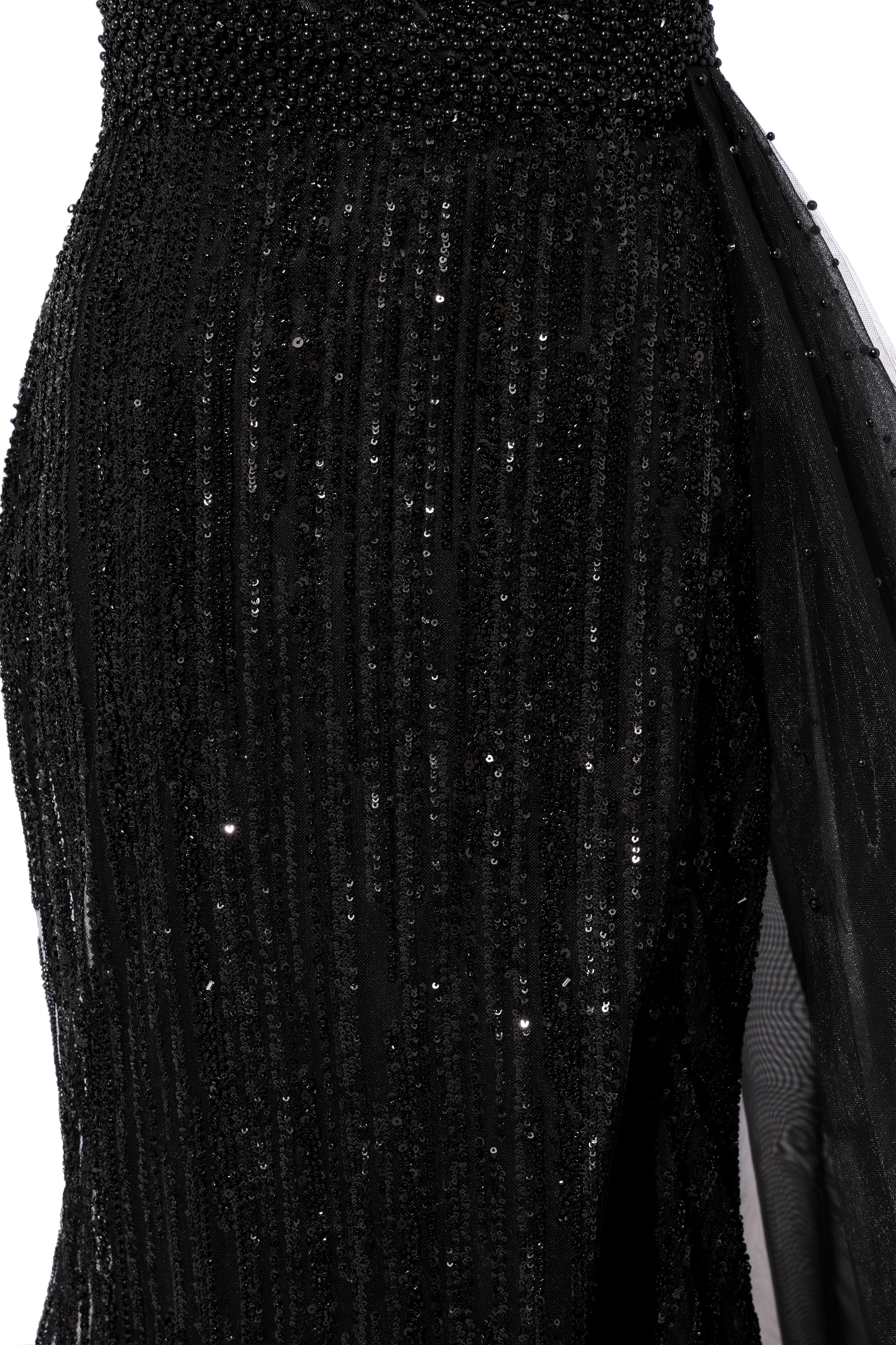 Black Sparkle One shoulder Court Train Evening Dresses-BallBride