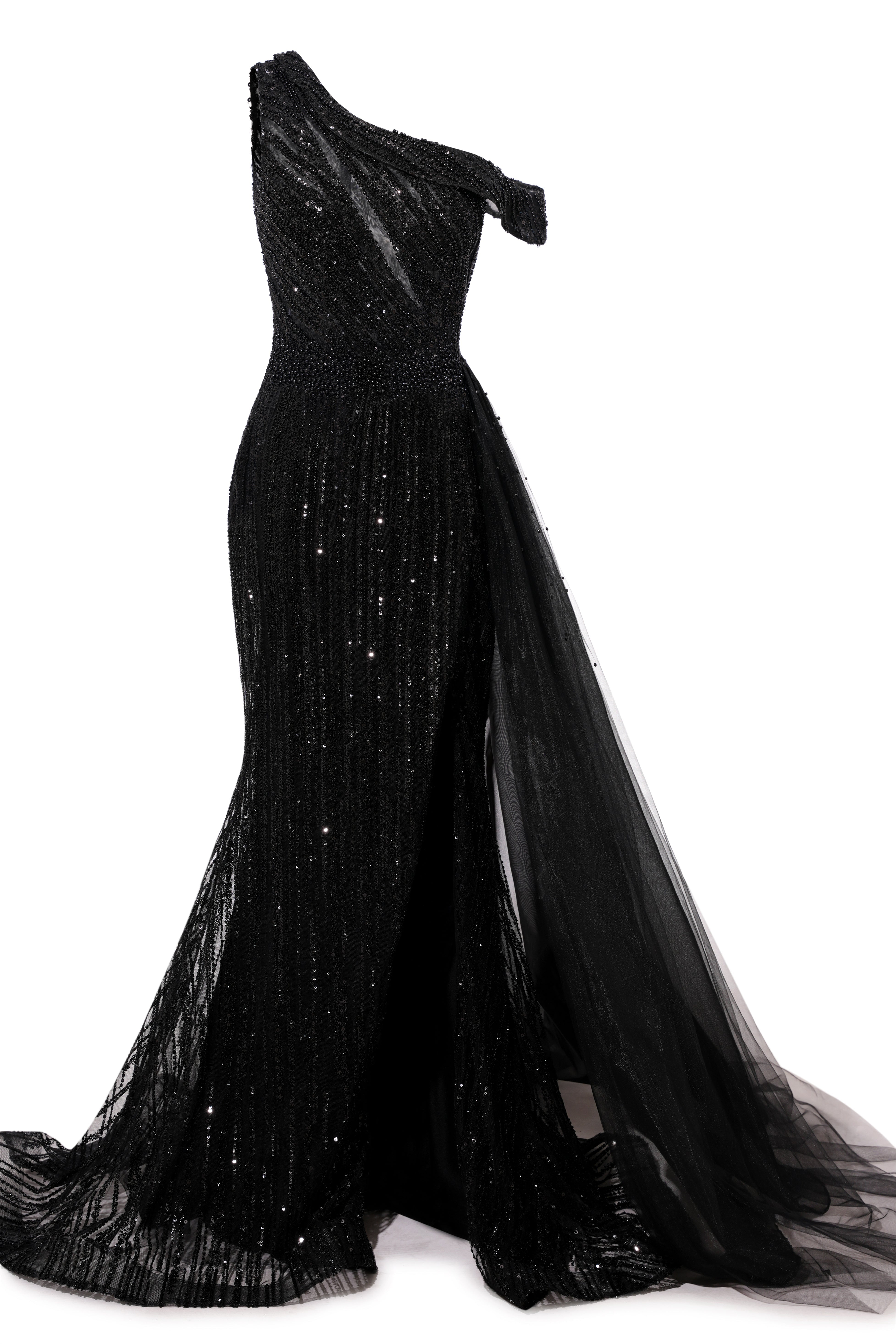 Black Sparkle One shoulder Court Train Evening Dresses-BallBride