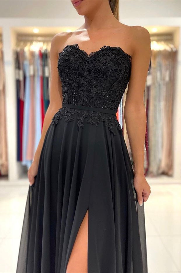 Black Sweetheart Split Prom Dress with Appliques-BallBride