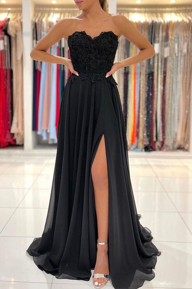 Black Sweetheart Split Prom Dress with Appliques-BallBride