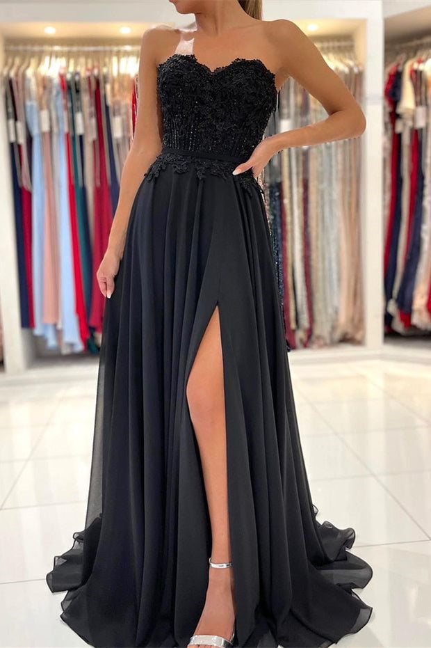 Black Sweetheart Split Prom Dress with Appliques-BallBride